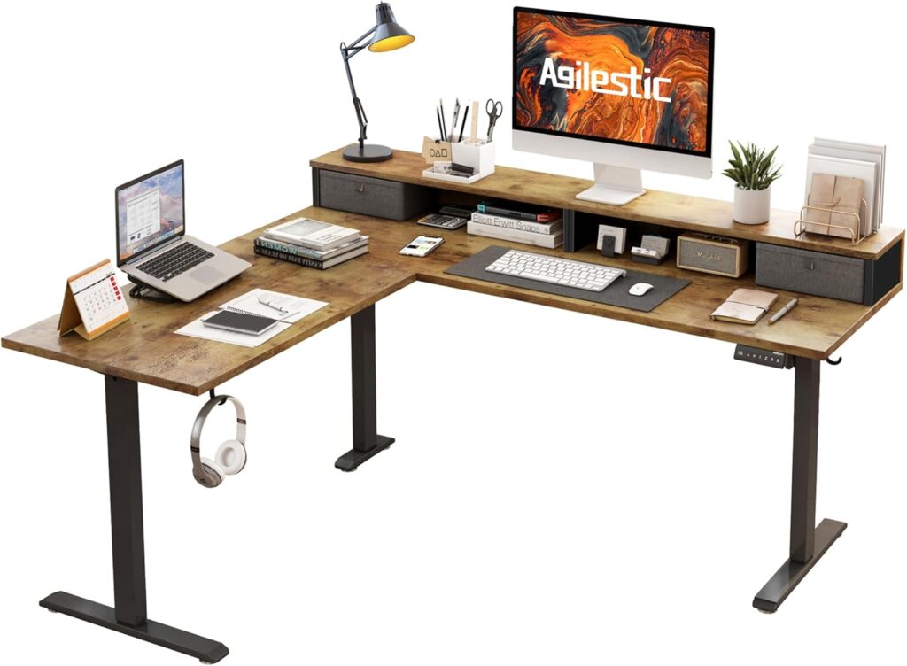 L Shaped Electric Standing Desk with 2 Drawers, 63 Inch Ergonomic Adjustable Height Desk with Storage, Corner Desk Sit Stand up Computer Table for Work Office Home, Rustic Brown