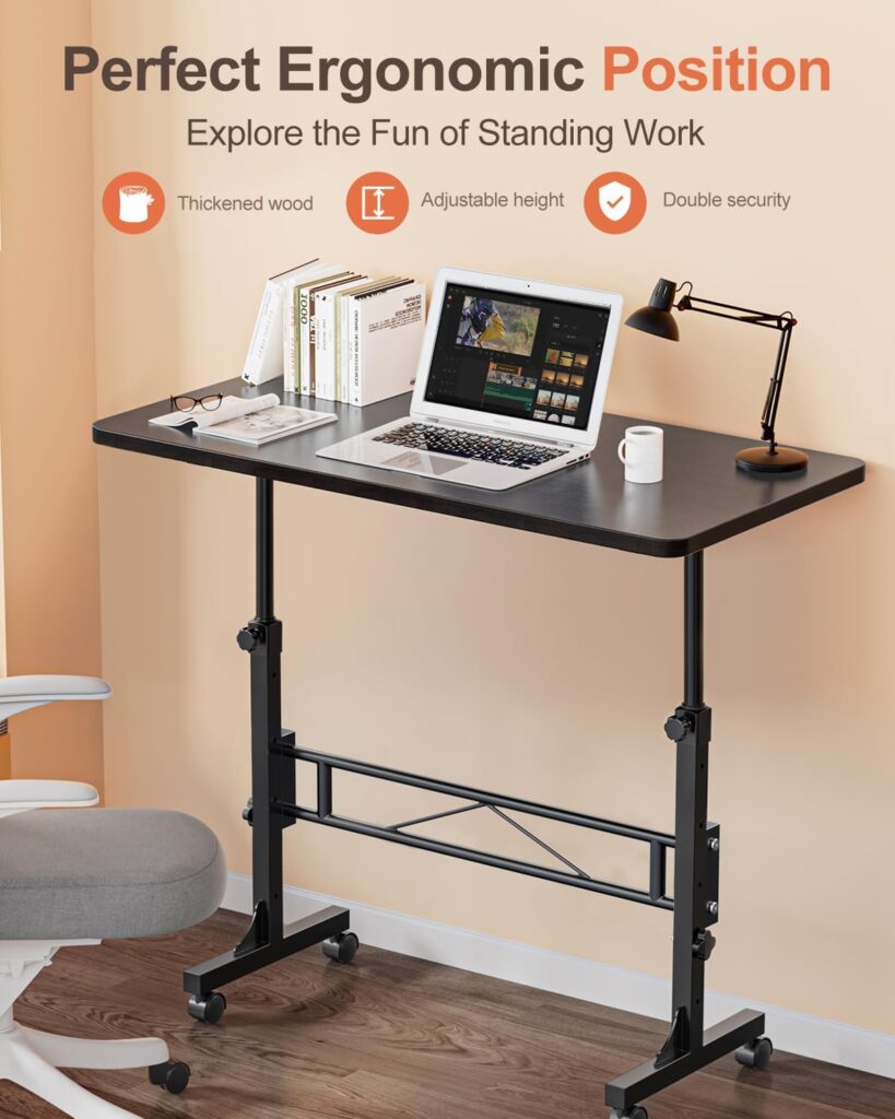 Small Standing Desk Adjustable Height, Mobile Stand Up Desk with Wheels, 32 Inch Portable Rolling Desk Small Computer Desk, Portable Laptop Desk Standing Table Rustic