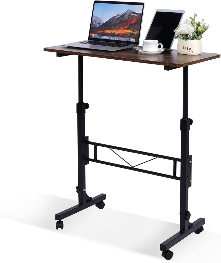 Standing Desk Adjustable Height, Mobile Stand Up Desk with Wheels Small Computer Desk Rolling Desk, Portable Laptop Desk Rustic Standing Table Sit Stand Home Office Desks 16x31.5 Height 27-43.5